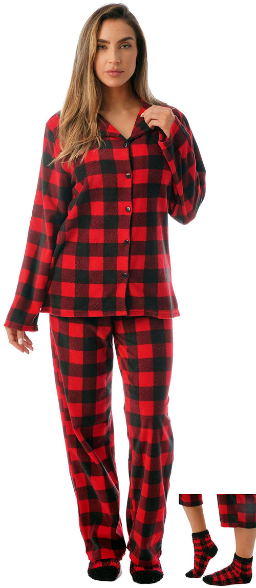 #followme Printed Microfleece Button Front PJ Pant Set with Socks 6370-10195-XL, Red Black - Buffalo Plaid