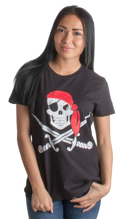 Ann Arbor T-shirt Co. Jolly Roger Pirate Flag | Skull & Crossbones Caribbean Cruise Costume Ladies T-Shirt-(Ladies, S)