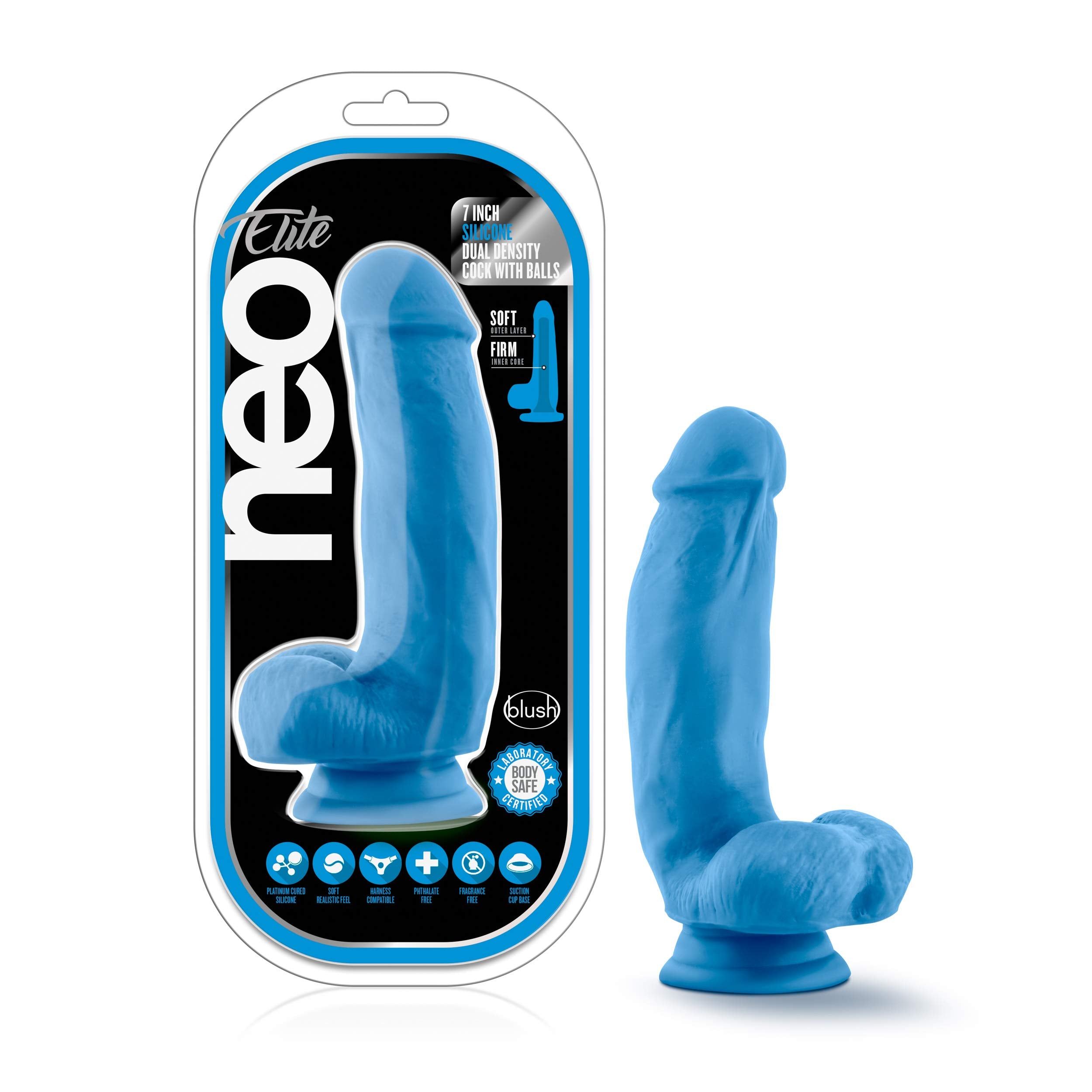 Blush Neo Elite Neon Blue 7 Silicone Dildo w/Balls, Dual Density Realistic Satin Smooth Thick Cock, Suction Cup, Harness Compati