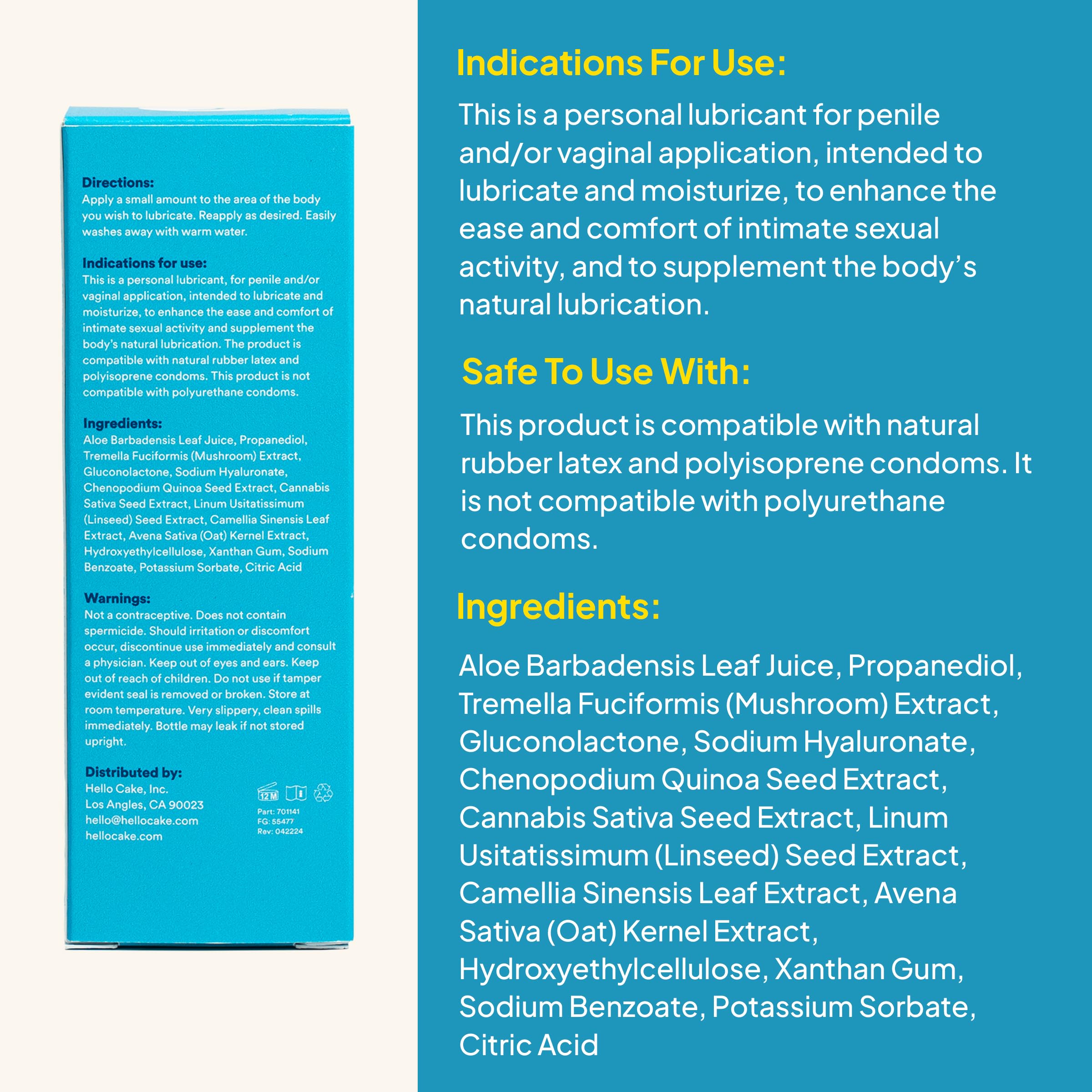 Hello Cake Natural Lube - Aloe-Based Organic Personal Lubricant - Hydrating, Hypoallergenic, pH-Balanced, Non-Sticky, Condom Com