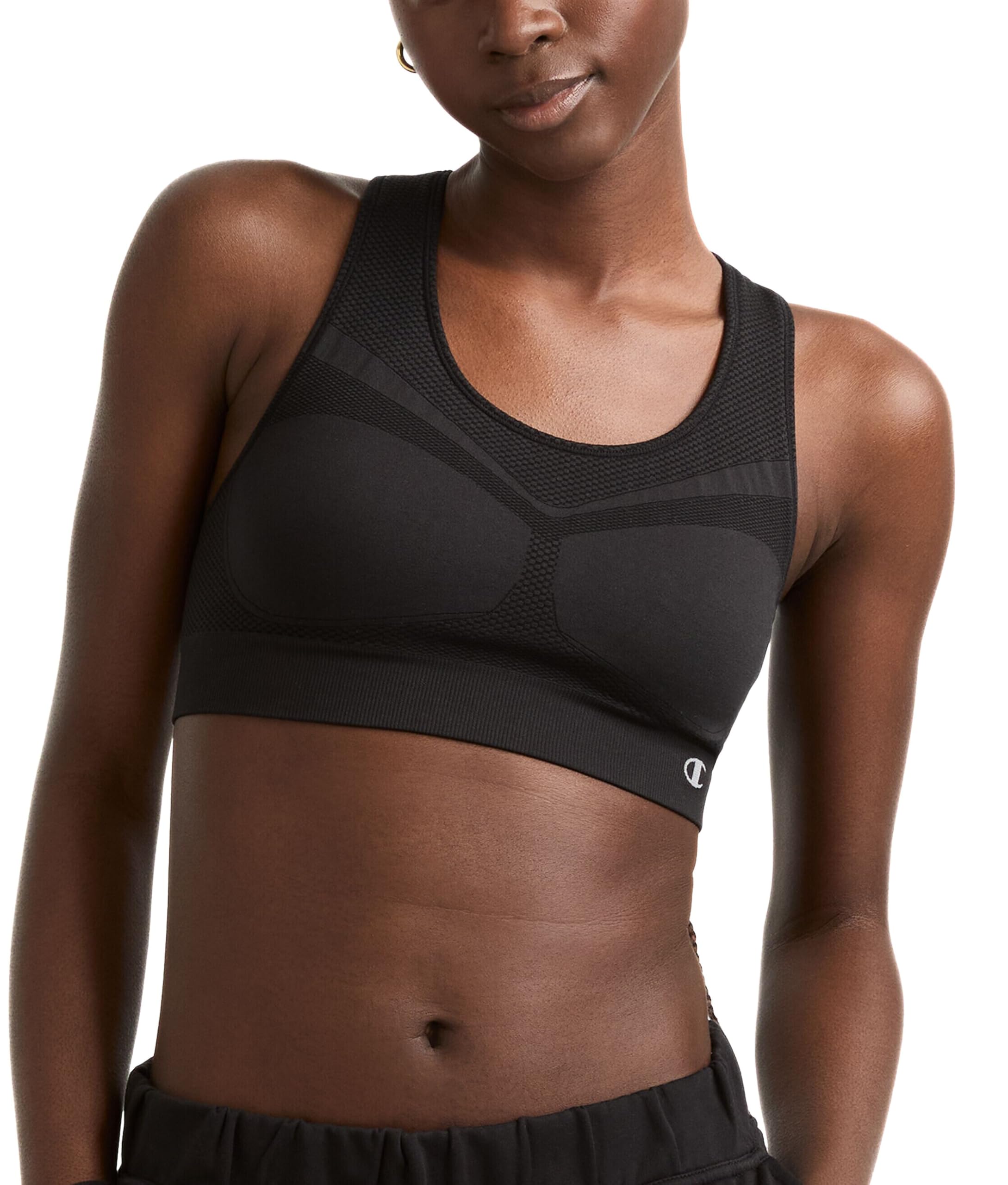 Champion Womens The Infinity Racerback Sports Bra, Moderate Support, Seamless, Moisture Wicking, Black, Large