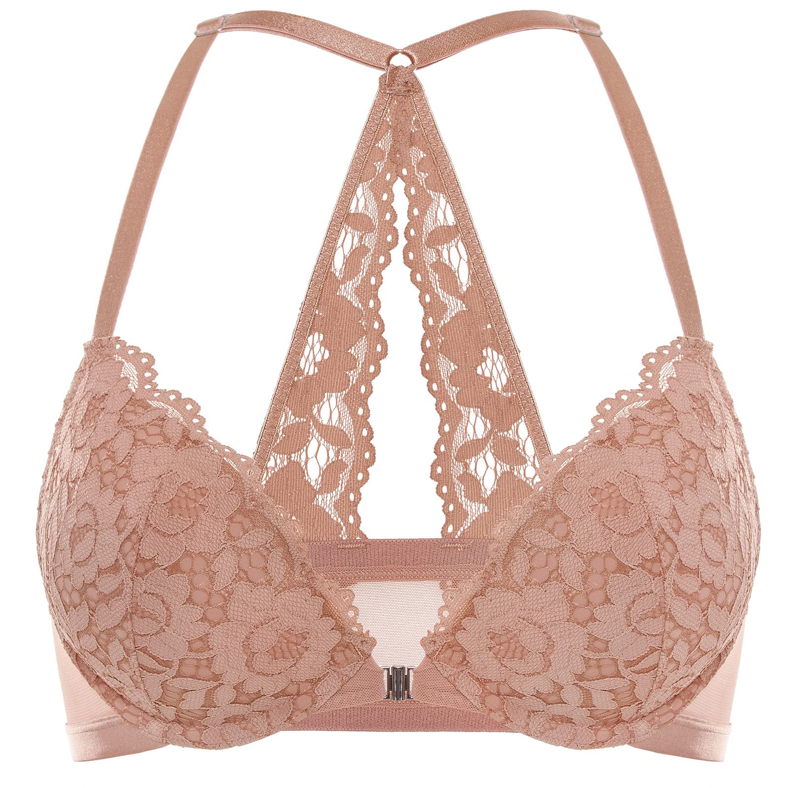 DOBREVA Womens Push Up Bra Racerback Front Closure Bras Lace Padded Underwire Plunge Floral Cream Coffee 38DD