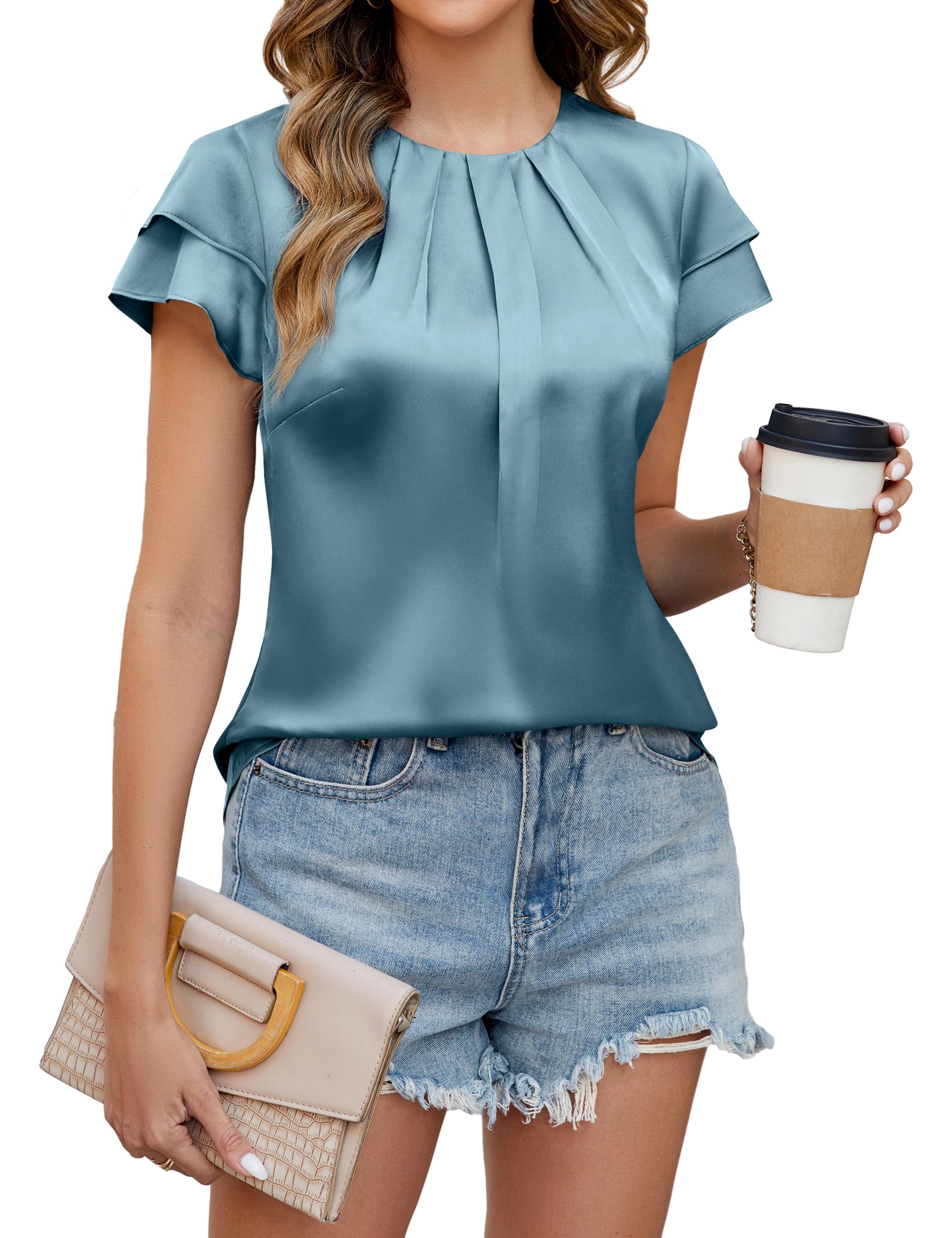 Blooming Jelly Womens Dressy Business Casual Blouse Pleated Ruffle Short Sleeve Tops Satin Silk Work Shirt Summer Outfits 2025 (