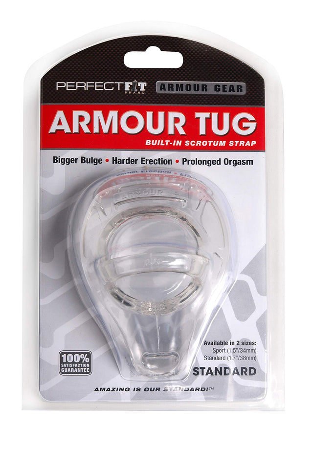 Perfectfit Brand Armour Tug Cock Ring And Ball Stretcher, Tpr/Silicon Blend, Body Ring, Perineum Stimulator, Durable, Comfortable, Tight Fit, Clear
