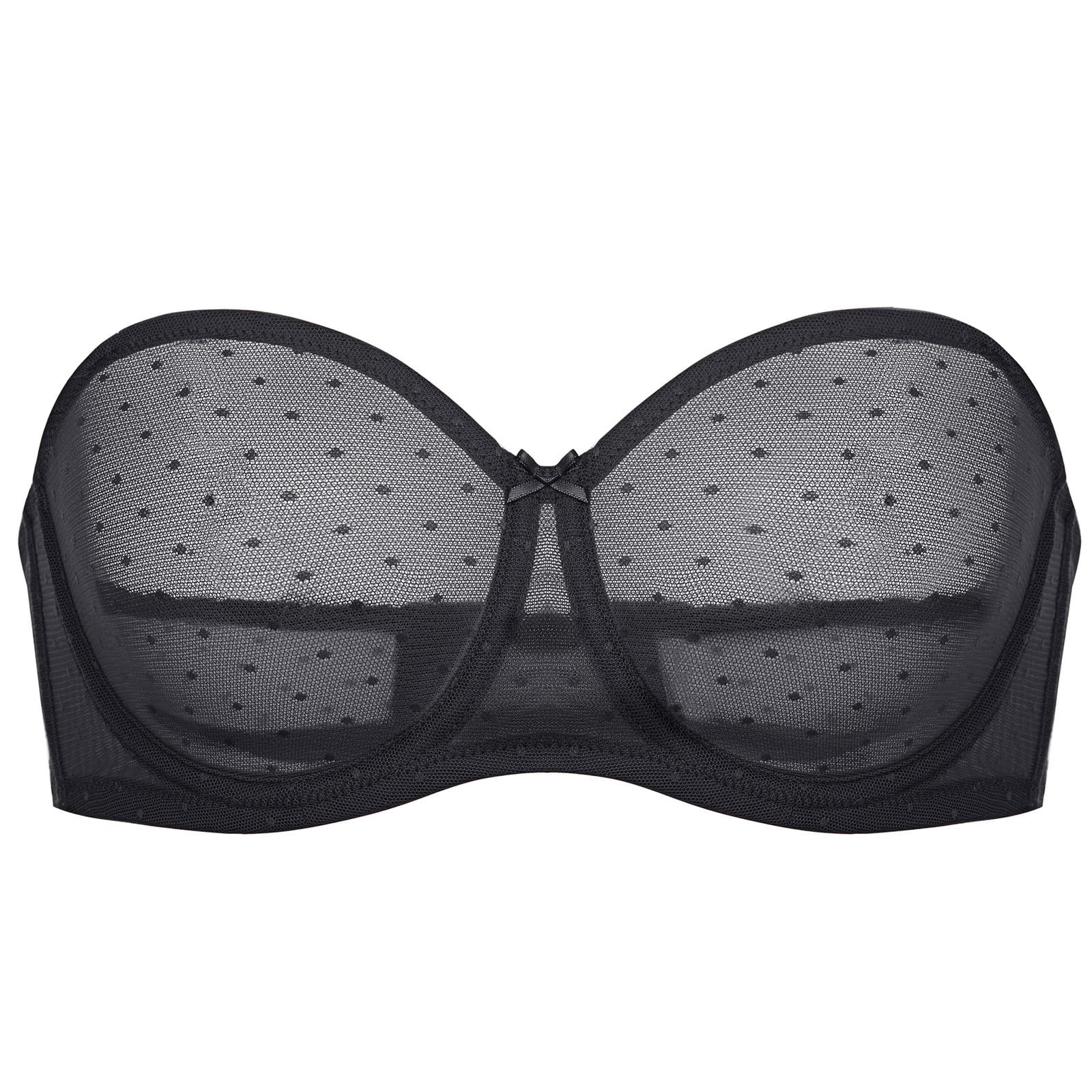 DOBREVA Womens Mesh Strapless Bra Sheer Unlined See Through Underwire Bras Plus Size Black 38DD