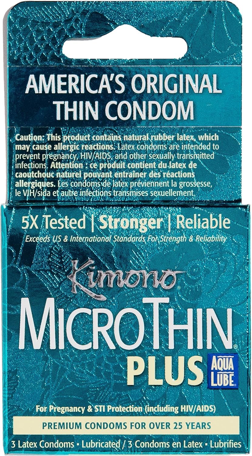 Kimono Microthin Plus Pack of 3 - Premium Lubricated Natural Latex Condoms, Ultra Thin with Extra Moisture and AquaLube, Vegan-F