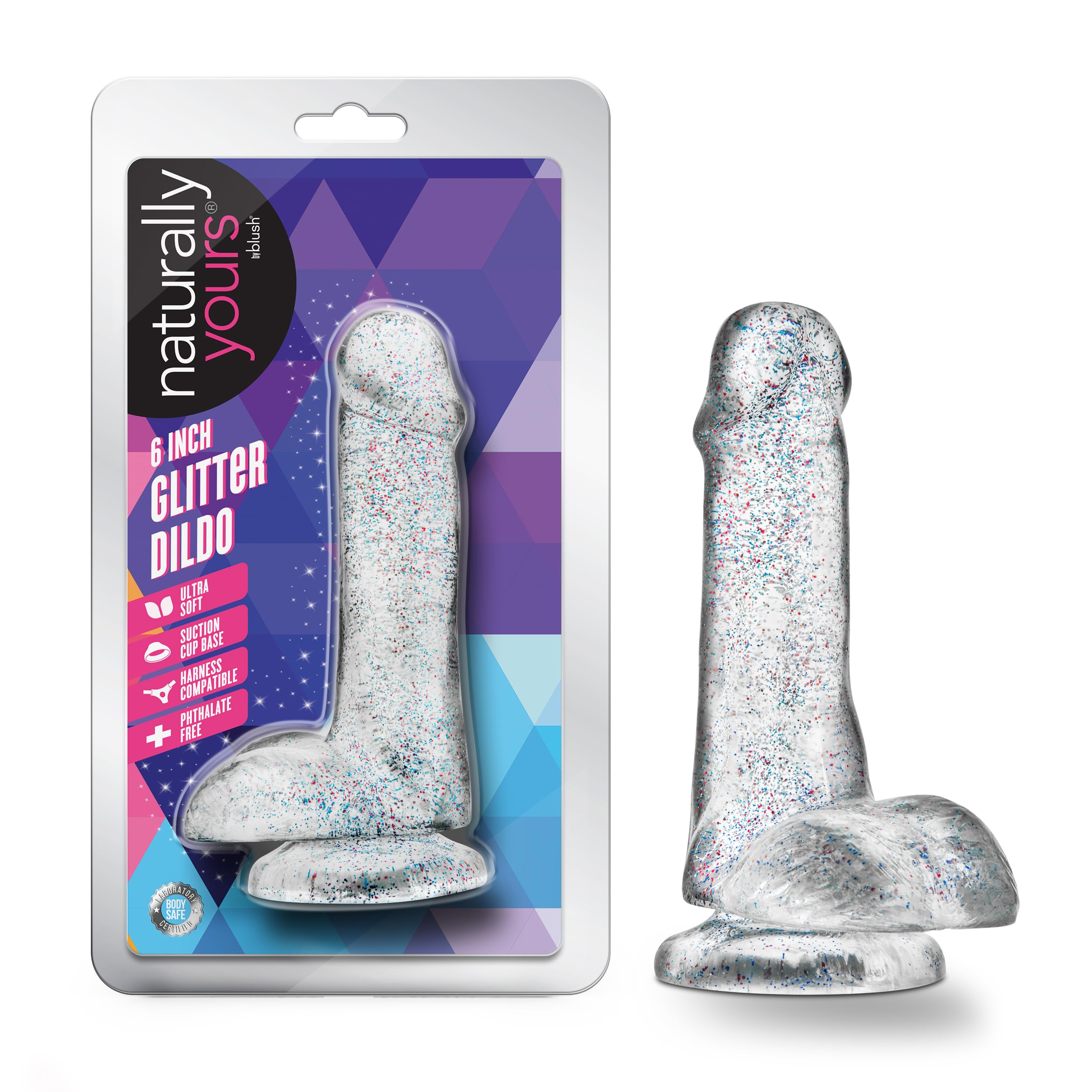 Blush Naturally Yours 6 Small Glitter Dildo w/Balls, Realistic Soft Cock, Suction Cup, Harness Compatible Male Female Anal & Vag