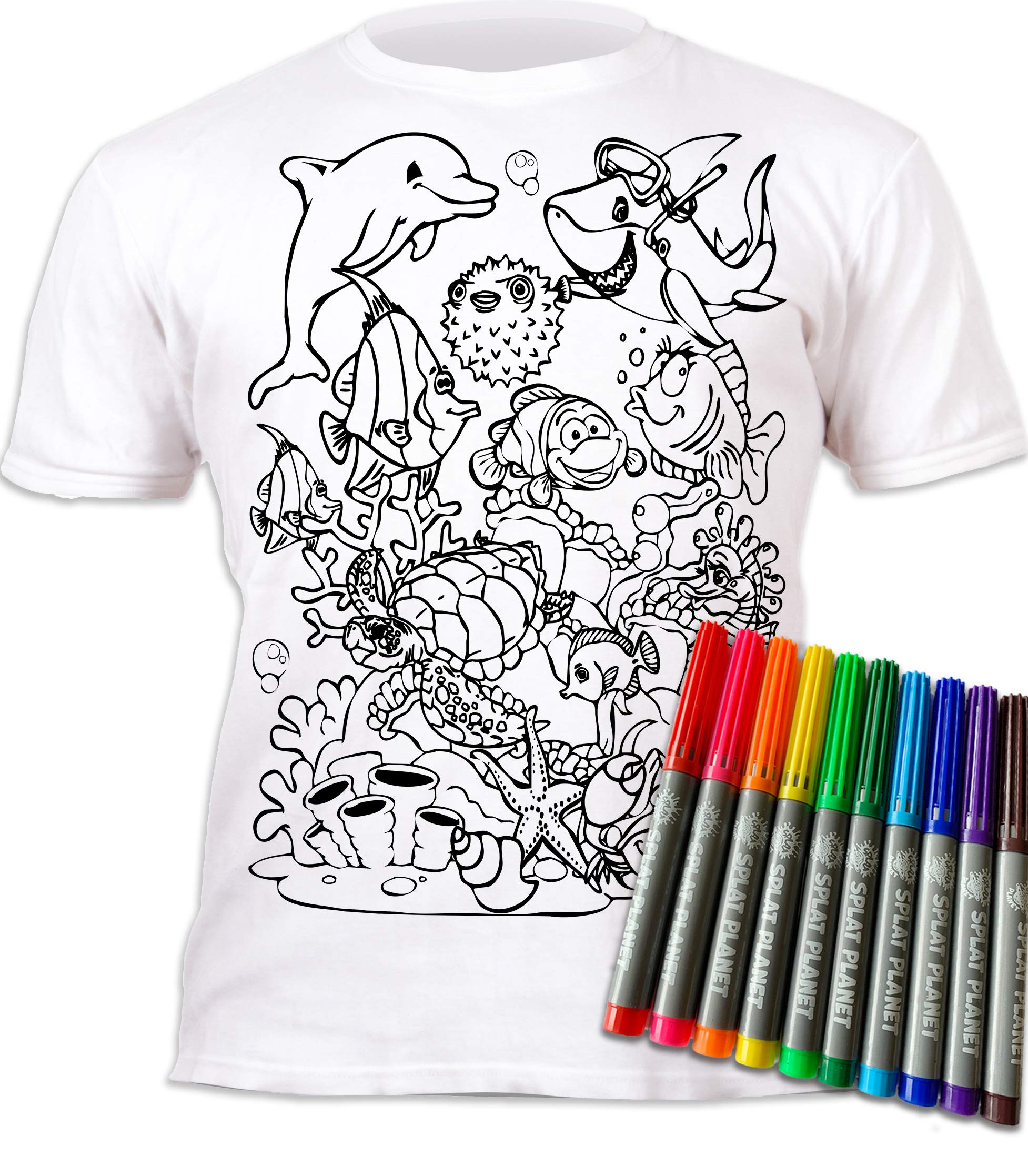 Splat Planet Color-in Sea Life T-Shirt with 6 Non-Toxic Washable Magic Pens - Color-in and Wash Out T-Shirt (5-6 Years) White