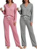 Simlakey 2 Pack Womens Pajama Sets Long Sleeve Button Down Sleepwear 2 Piece Soft Warm Notch Collar Nightwear Pjs Lounge Set(Pin