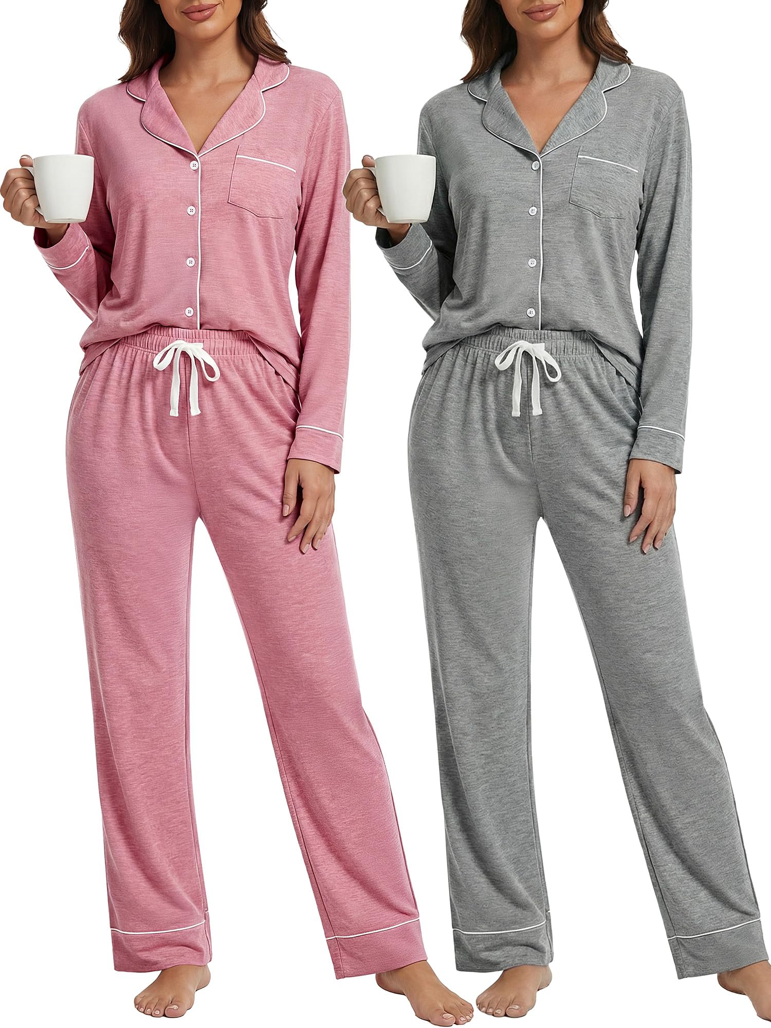 Simlakey 2 Pack Womens Pajama Sets Long Sleeve Button Down Sleepwear 2 Piece Soft Warm Notch Collar Nightwear Pjs Lounge Set(Pin