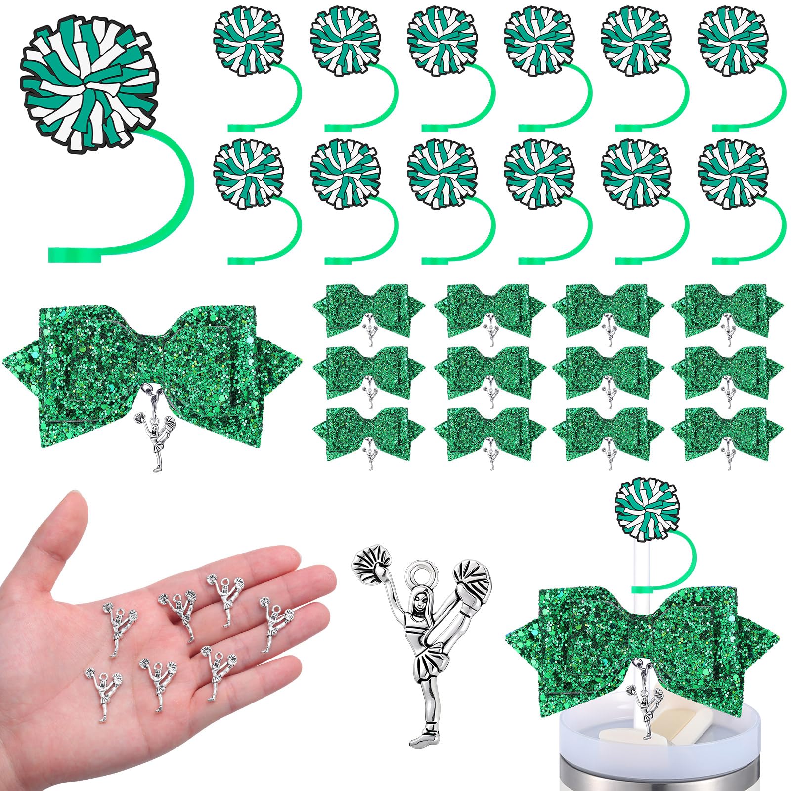 RimCereal 36 Pcs Green Cheerleading Tumbler Accessories, 12 Pcs 10 mm Straw Cover Straw Toppers, 12 Glitter Bows and 12 Cheerlea