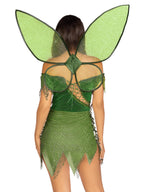 3 Pc Forest Fairy, Includes Patchwork Dress With Adjustable Lace Ups And Tattered Skirt, Leaf Accents, Detachable Clear Straps,