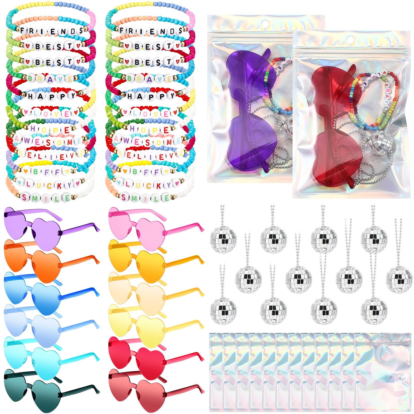 Landical 60 Pcs Kpop Party Favors 12 Sets Popular Singer Gift Sets with Friendship Beaded Bracelets Disco Ball Necklace Heart Su