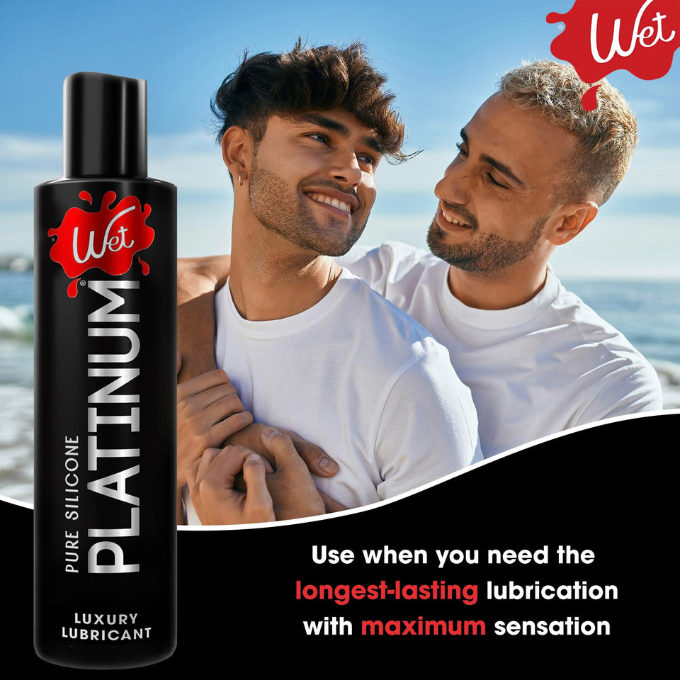 Wet Platinum Silicone Based Lube, 4.2 Oz Bottle, Ultra Long Lasting Premium Personal Luxury Lubricant, Men Women & Couples Condom Compatible Water Resistant Non Sticky Hypoallergenic Paraben Free
