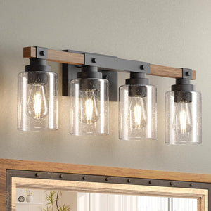Amico Farmhouse Bathroom Vanity Light Fixtures,Rustic 4-Light Industrial Painted Wood Vanity Lights For Bathroom,Vintage Black W