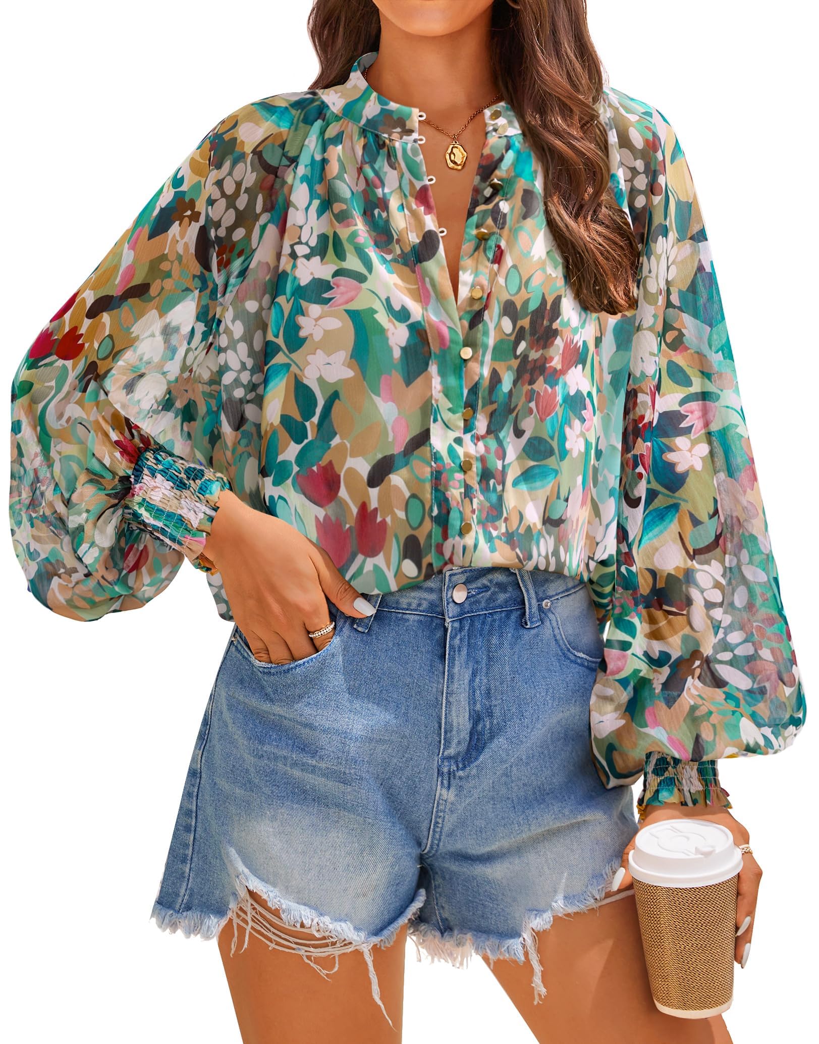 ZESICA Womens Floral Print Blouse 2026 Long Sleeve Button Down Casual Fall Boho Oversized Tops Shirts,Pink Green,Medium