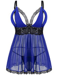 Donnalla Women Plus Size Lingerie - Sexy Split Cup Lace Babydoll Sleepwear Chemise Set 2XL,3XL,4XL Blue