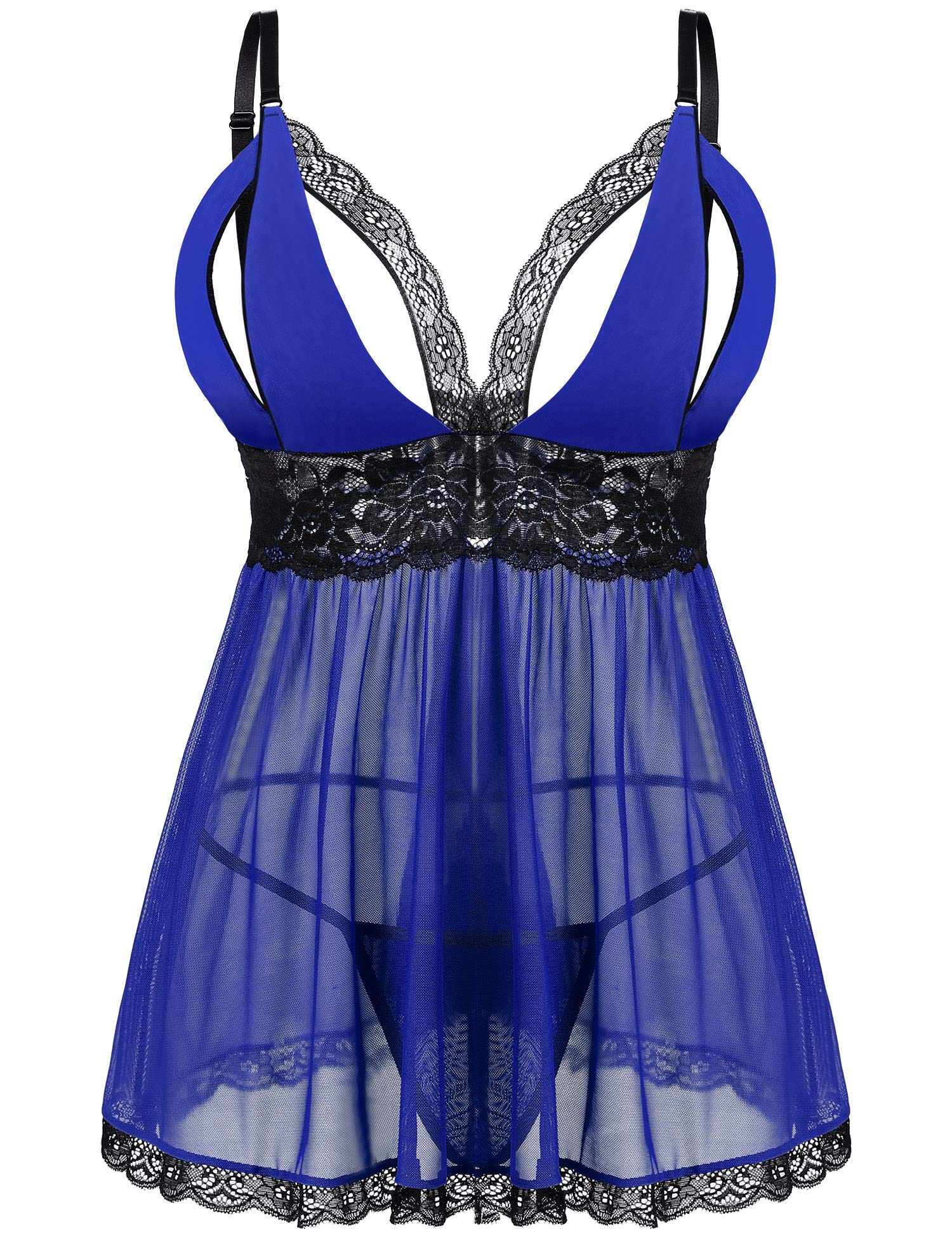 Donnalla Women Plus Size Lingerie - Sexy Split Cup Lace Babydoll Sleepwear Chemise Set 2XL,3XL,4XL Blue