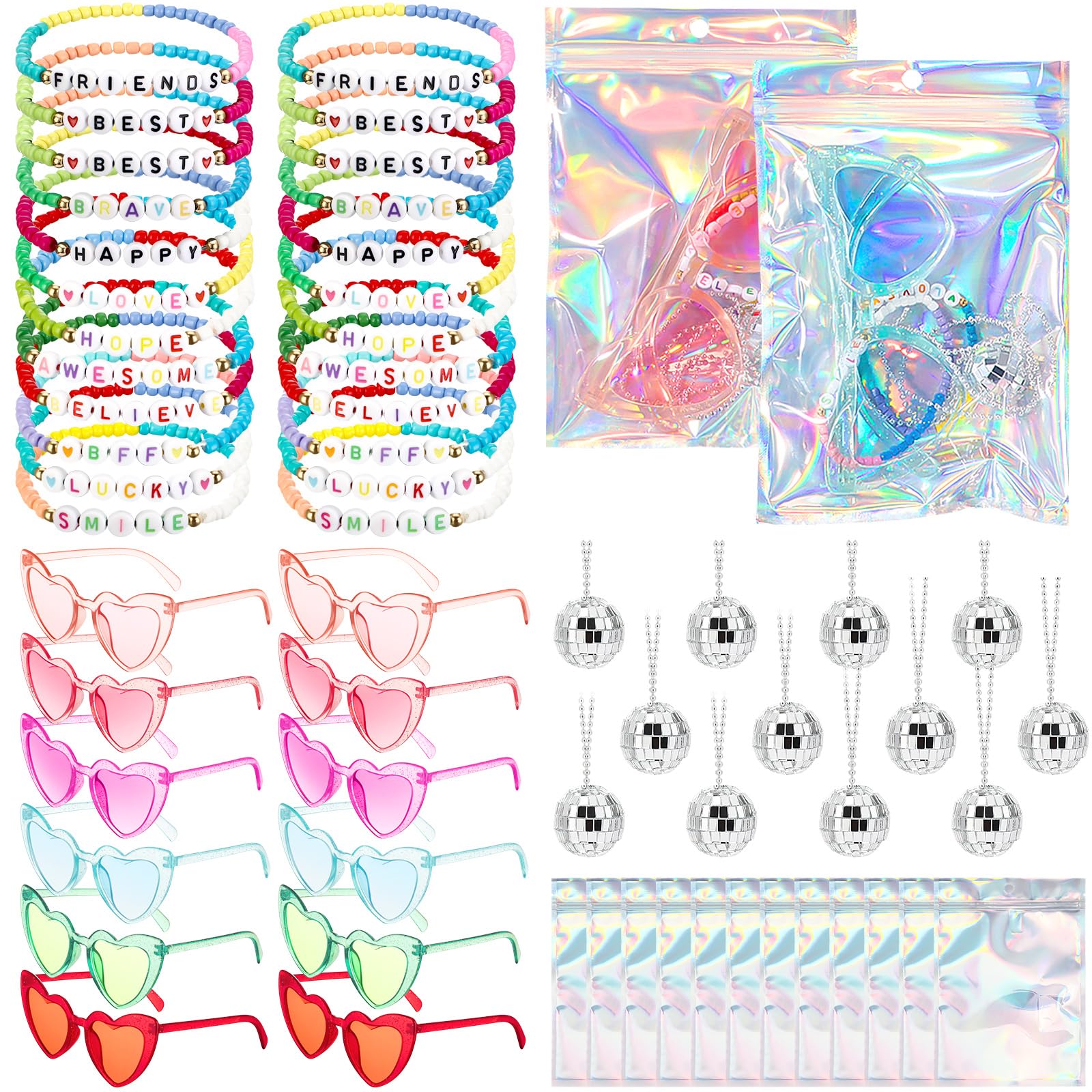 Landical 60 Pcs Valentines Day Gifts Kpop Party Favors 12 Sets Music Sets with Friendship Bracelets Disco Ball Necklace Heart Su