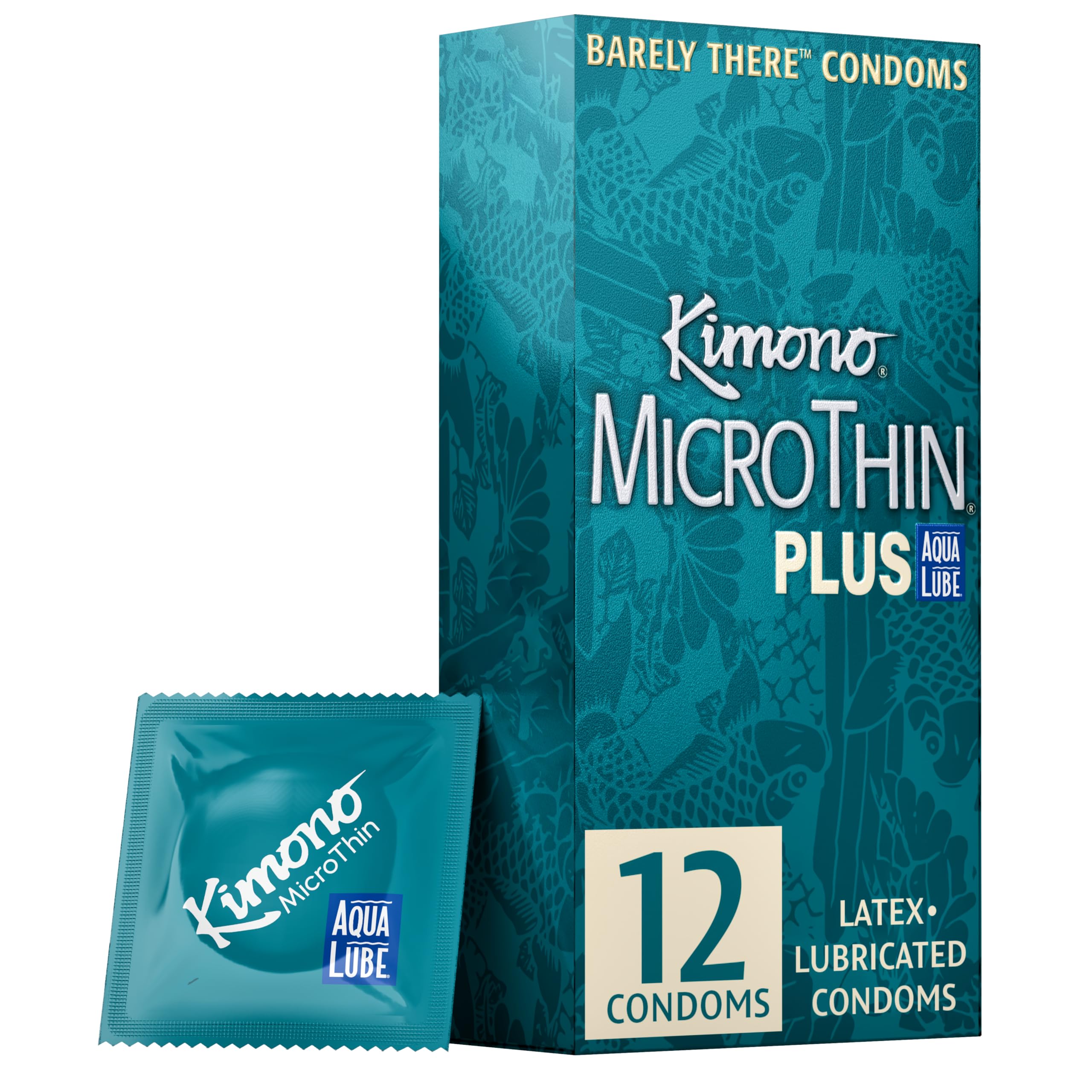 Kimono Microthin Plus Pack of 12 - Premium Lubricated Natural Latex Condoms | Ultra Thin with Extra Moisture and AquaLube, Vegan