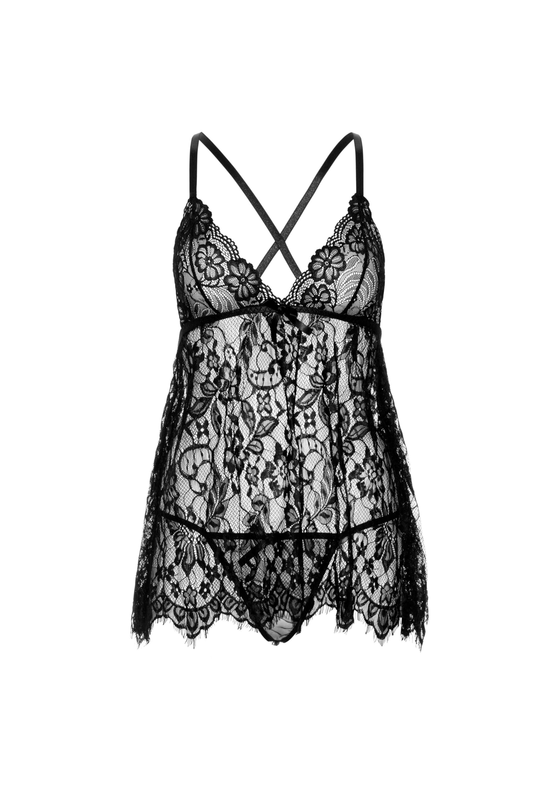 2 Pc Floral Lace Babydoll With Eyelash Lace Scalloped Hem, Adjustable Cross-Over Straps, And G-String Panty.