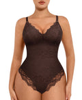 FeelinGirl Shapewear Tummy Control Bodysuits for Women Lace Thong Tops V Neck Lingerie Backless Body BodySuit Brown M