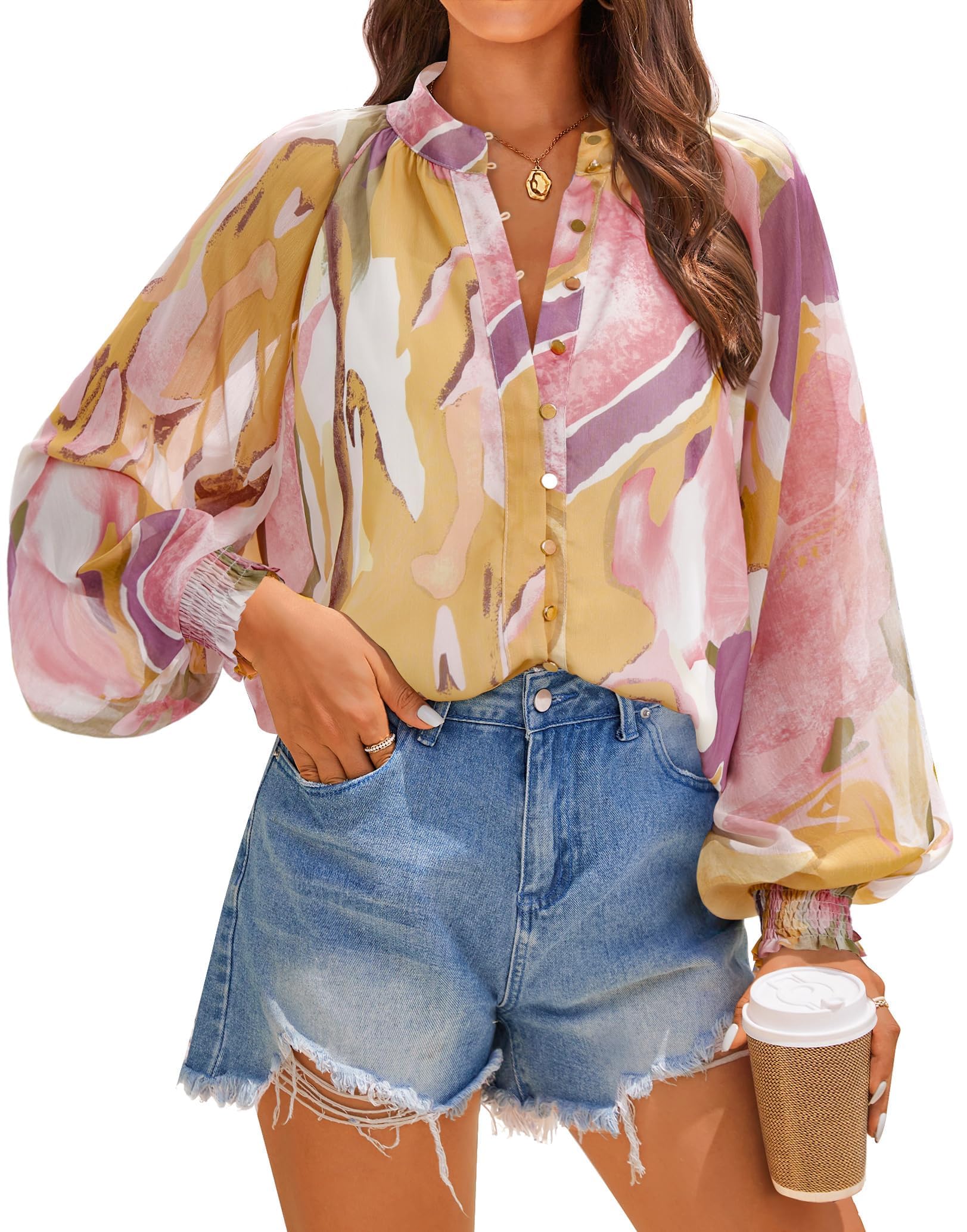 ZESICA Womens Floral Print Blouse 2025 Long Sleeve Button Down Casual Fall Boho Oversized Tops Shirts,Pink,Large