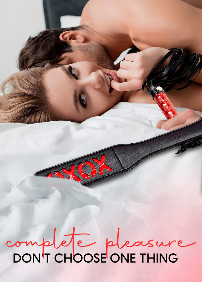 MILOPEDOX Black Flogger Whip 18'' Adult Spanking Paddle 12'' - BDSM Sex Set - Flogger Spanking Sex Soft - Sex Paddles for Spanki