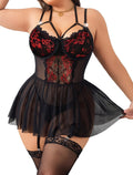 Alrovetoney 4pcs Plus Size Sexy Nightgown For Women Lace Bodysuit Teddy Baby Dolls Panty Sexy Bodysuit Black Red 4XL