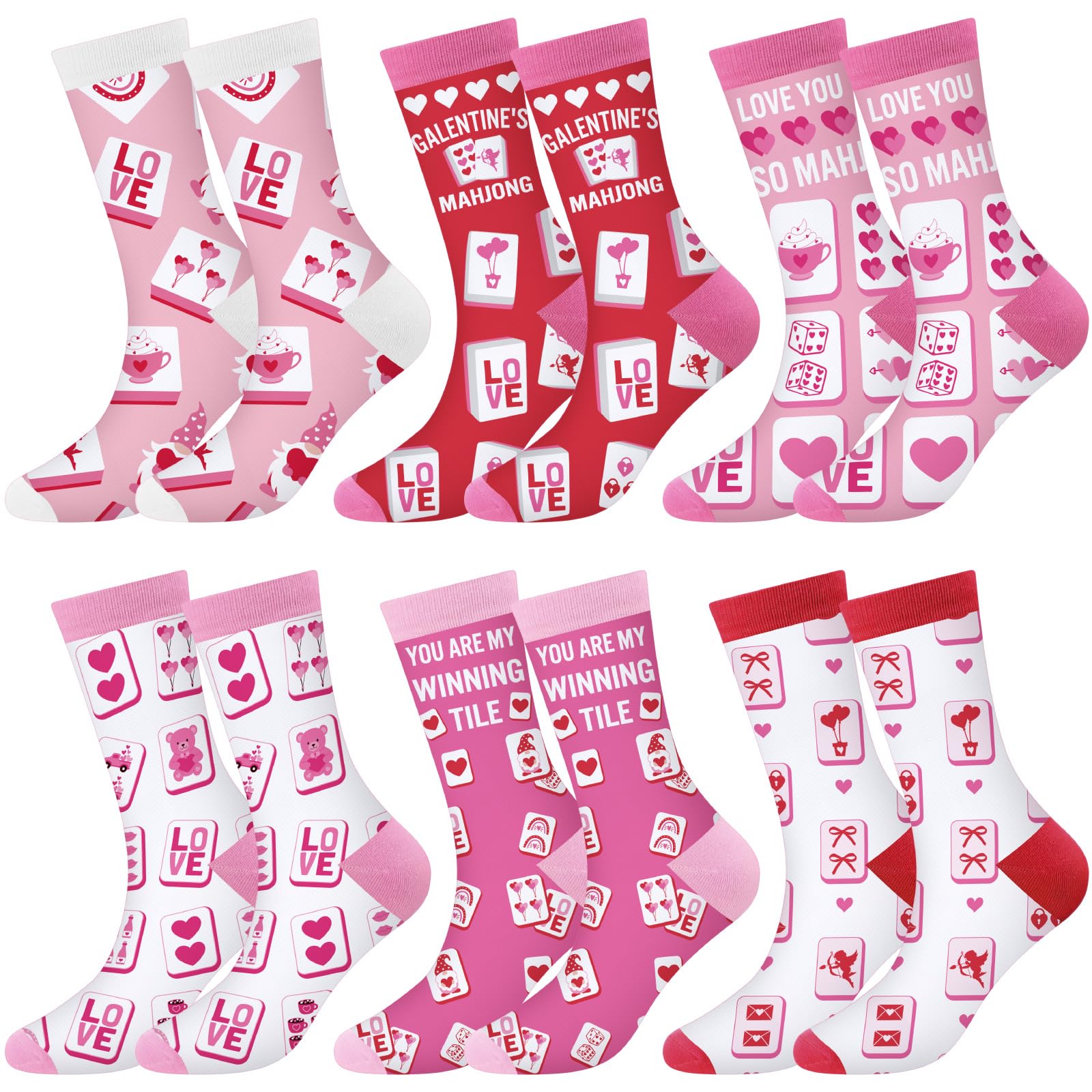 Janmercy 6 Pair Galentines Socks for Women Pink Mahjong Crew Socks Galentines Gift for Girls Ladies Bestie Sisters Female Frien