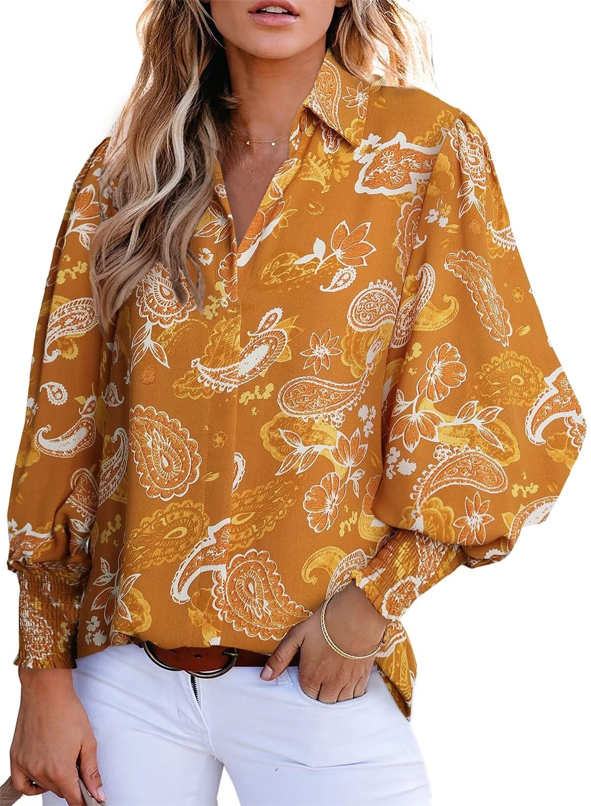 Astylish Women Oversized Button Down Shirts Attractive Pretty Lantern Sleeve Breathable V-Neck Boho Tops Spring Trendy Blouse Ap