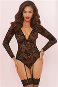 Long Sleeve Teddy With Garters - One Size - Black