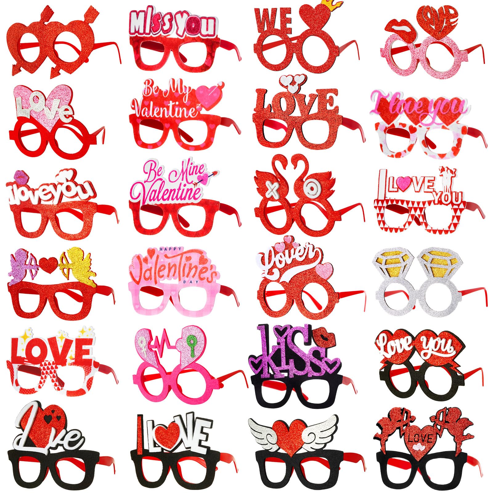 Amylove 24 Pairs Valentines Day Glasses Heart Sunglasses Eyewear Photobooth Props with Flamingo Crown Designs for Galentines Val