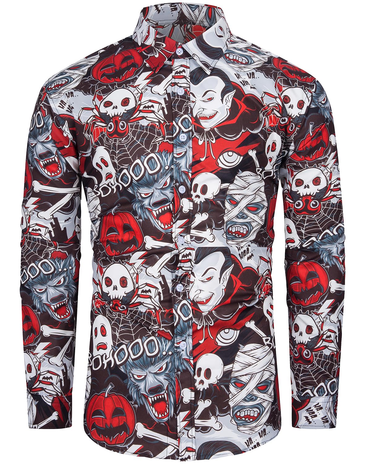 fohemr Mens Funny Halloween Shirt Ugly Pumpkin Skull Spider Print Long Sleeve Casual Button Down Shirts Adult Costume for Party 