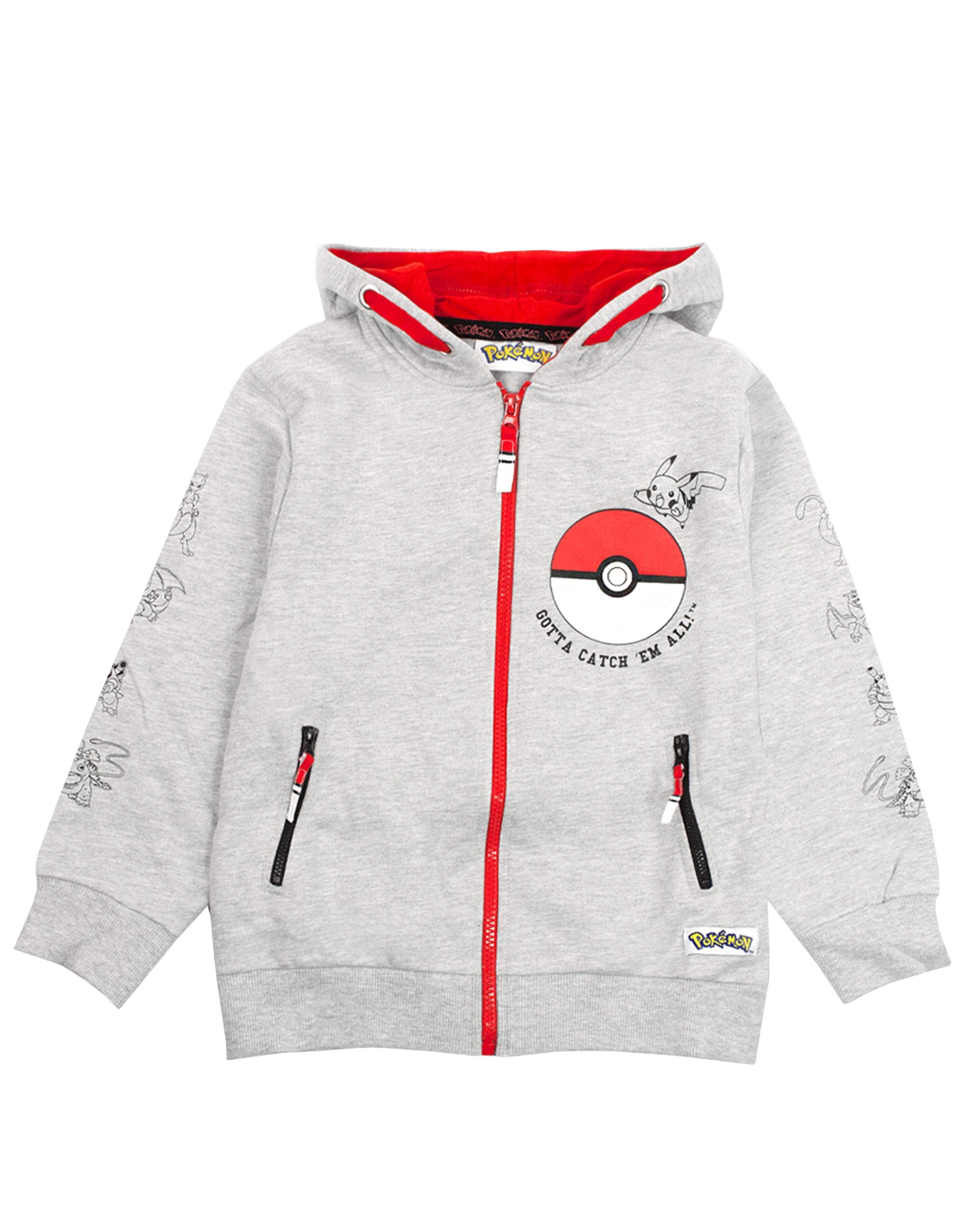 Pok  mon Boys Zip-Up Hoodie Jacket | Kids Long Sleeve Hooded Sweatshirt Grey