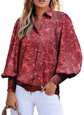 Astylish Womens Summer Boho Tops Bright Color Button Down Shirts Chiffon V-Neck Dressy Lantern Sleeve Blouse Dark Red X-Large