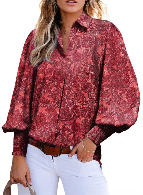 Astylish Womens Summer Boho Tops Bright Color Button Down Shirts Chiffon V-Neck Dressy Lantern Sleeve Blouse Dark Red X-Large