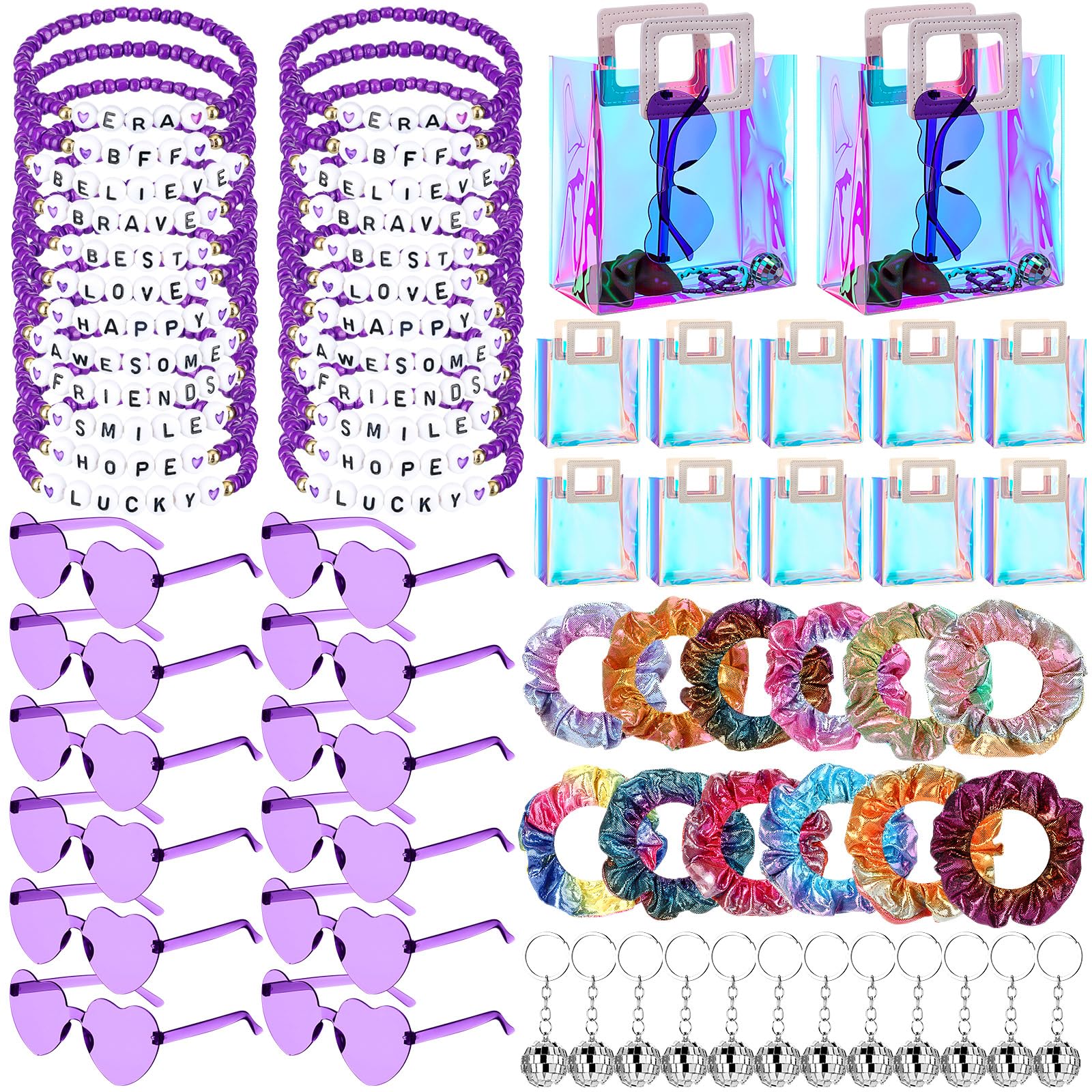 Geiserailie 72 Pcs/12 Set Kpop Party Favors Friendship Gifts Bead Bracelets Disco Ball Keychains Heart Sunglasses Scrunchies Bag