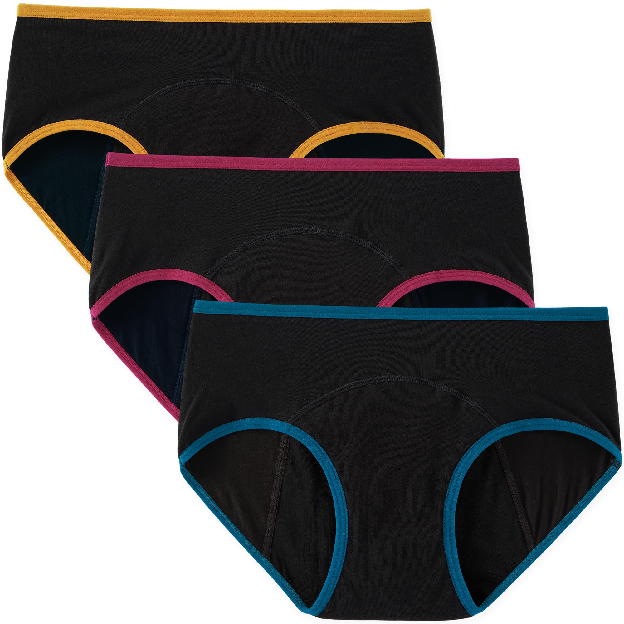 INNERSY Period Underwear for Women Teens Leak-Proof Menstrual Cotton Protective Hipster Panties 3-Pack (Light Flow (Contrasting 
