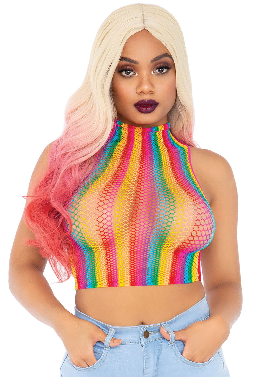 Rainbow Net High Neck Crop Top - O/S / Multicolor