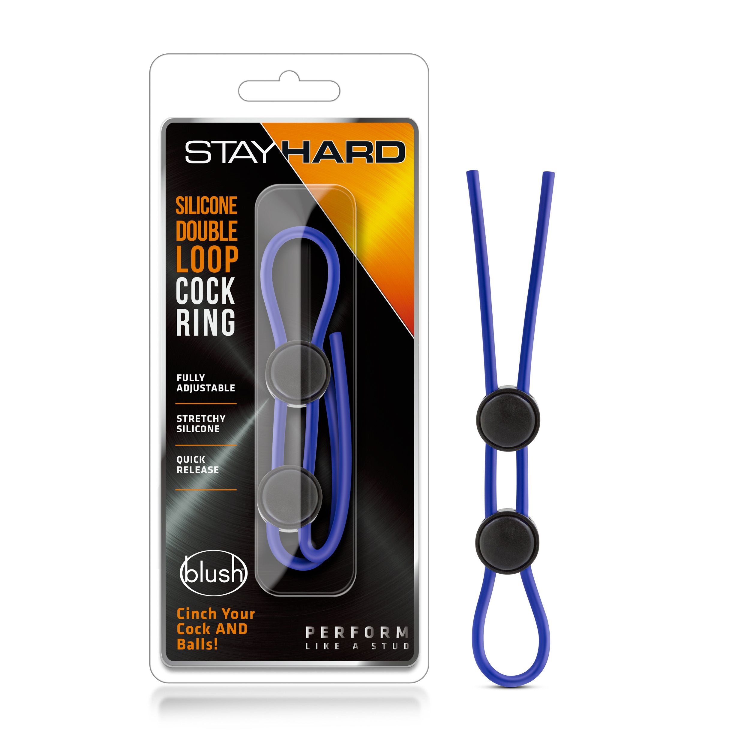 Blush Stay Hard 9 Silicone Penis Ring for Men - Double Lasso Loop Cock Ring & Ball Cinch - Quick Release Locks - Harder Erection
