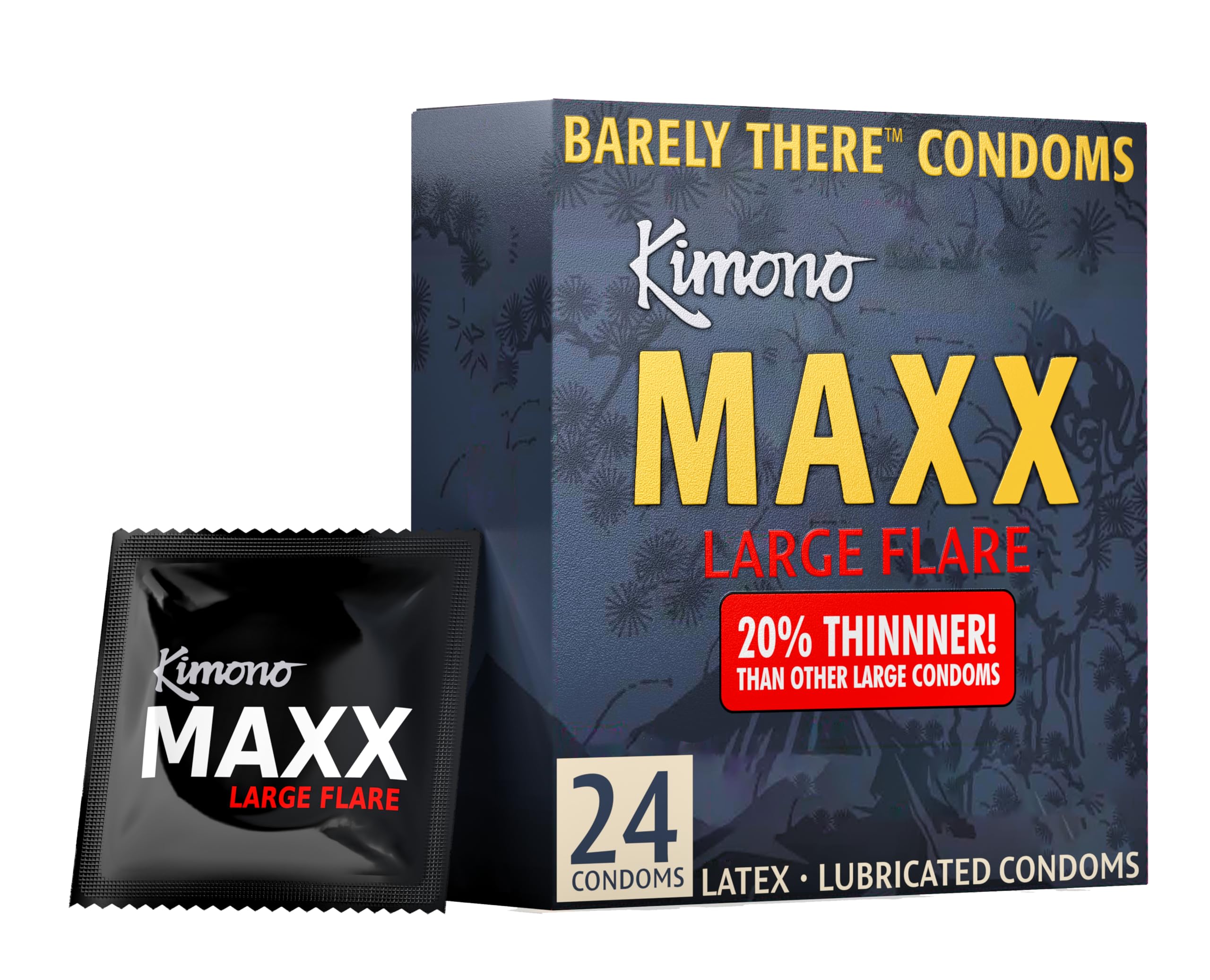 Kimono MAXX Large Flare Condoms Pack of 24 - Premium Lubricated Natural Latex Condoms, Thin, Unique Flared Design, Extra Room, V
