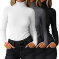 Ficerd 3 Pack Womens Ribbed Thermal Turtleneck Tops Long Sleeve Stretch Shirts Knitted Fitted Lightweight Base Layer(L,Black, C