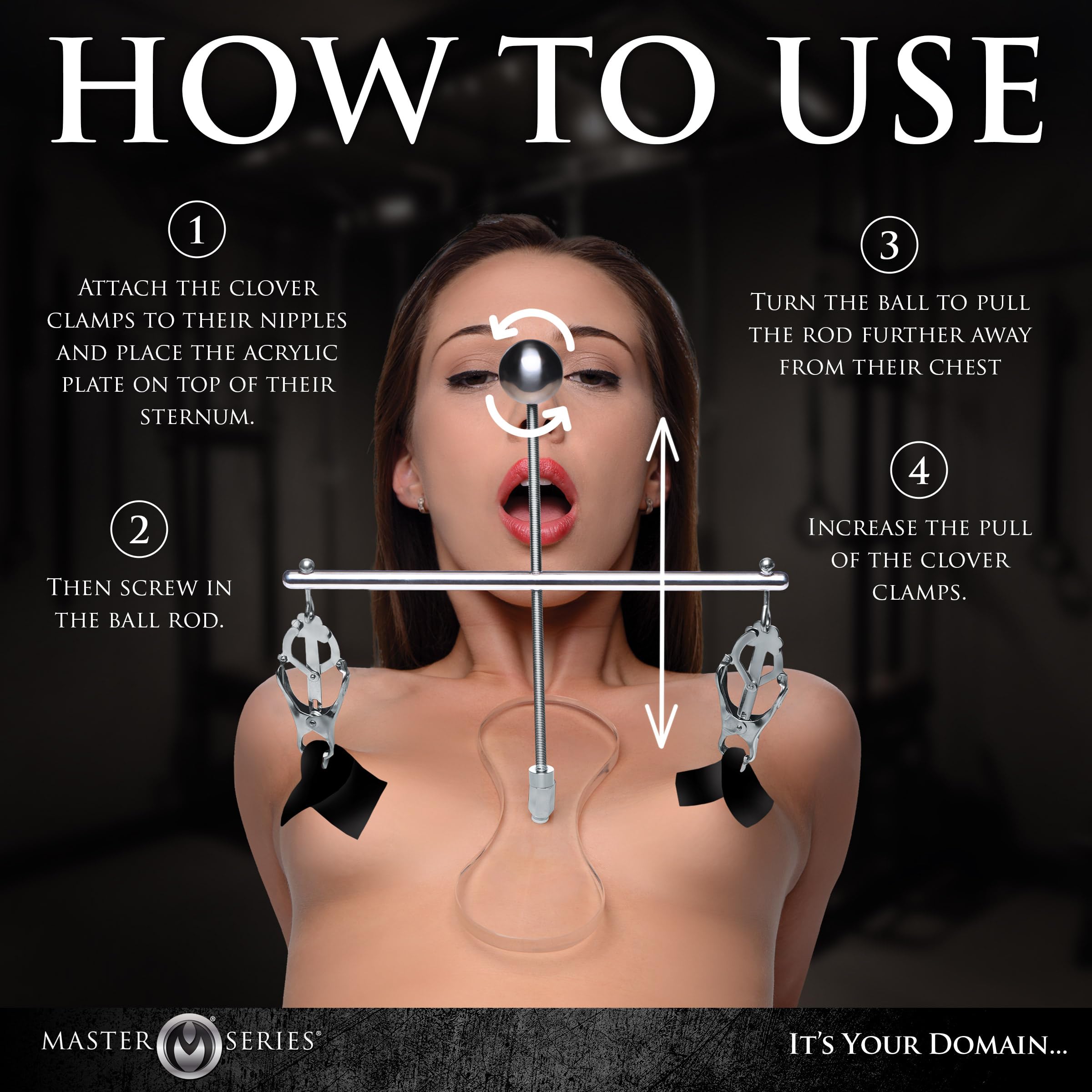 MASTER SERIES Tower of Pain Nipple Clamps for Women & Couples. Stainless Steel and Acrylic. Clover-Style Clamps and Adjustable H