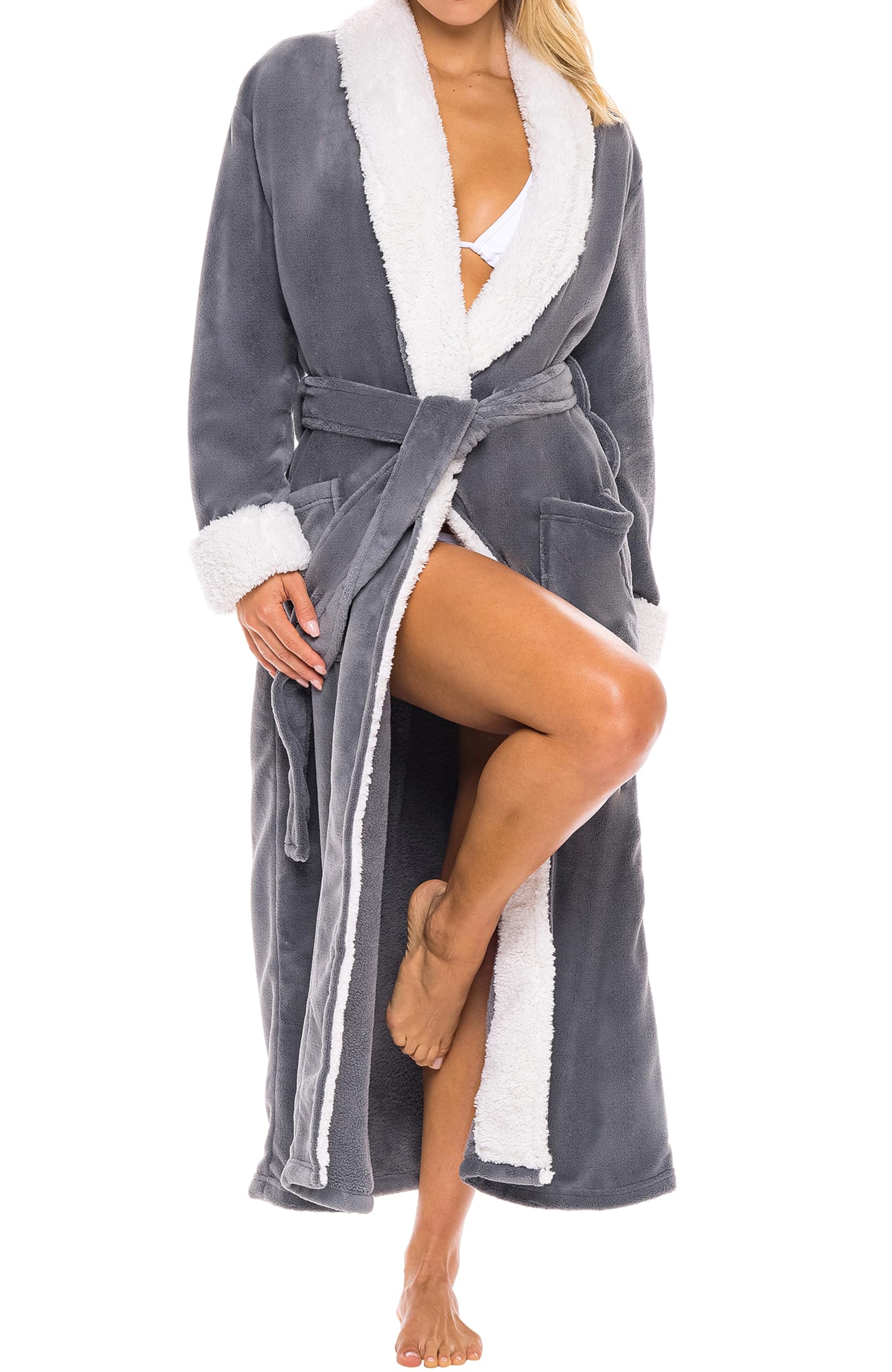 Alexander Del Rossa Womens Plush Sherpa Robe, Long Cozy Warm Bathrobe Steel Gray with Cream Medium (A0274STLMD)