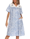 YOZLY Women Embroidered House Dress Short Sleeve Housecoat with Front Pockets Blue Floral, Medium