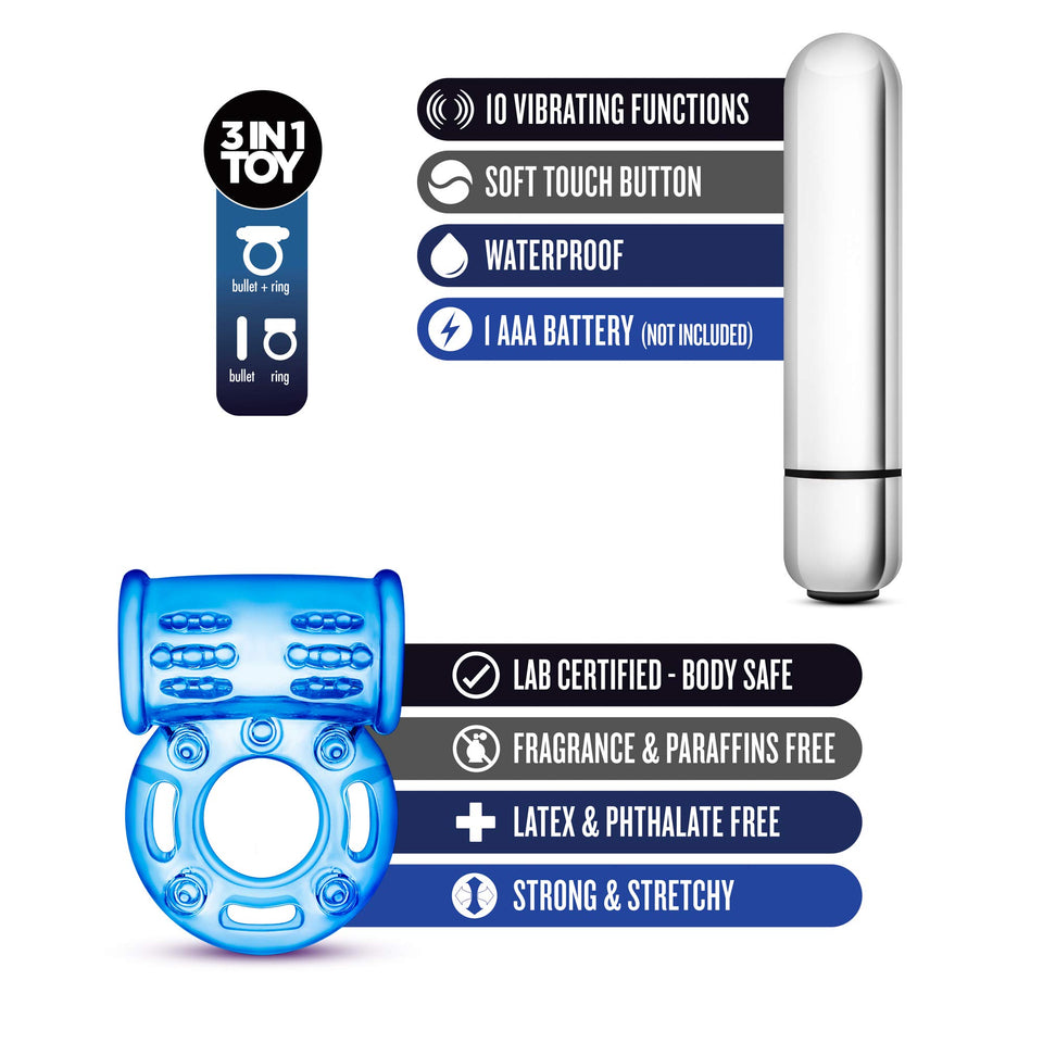 Blush Stay Hard 10 Function Vibrating Bull Cock Ring - Perform Like A Stud - Get Thicker, Longer, Harder, Bigger, Stronger Erections - Better Sex - Male Enhancement Sex Toy For Men, Couples - Blue