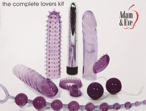 Adam & Eve The Complete Lovers Sex Toy Kit, Purple | Includes 7 Multi-Speed Silver Vibrator, Rabbit Style Vibrator Sleeve, Nubby Sleeve, Swirled Sleeve, Stimulating Penis Ring, Ben Wa Balls, And 8