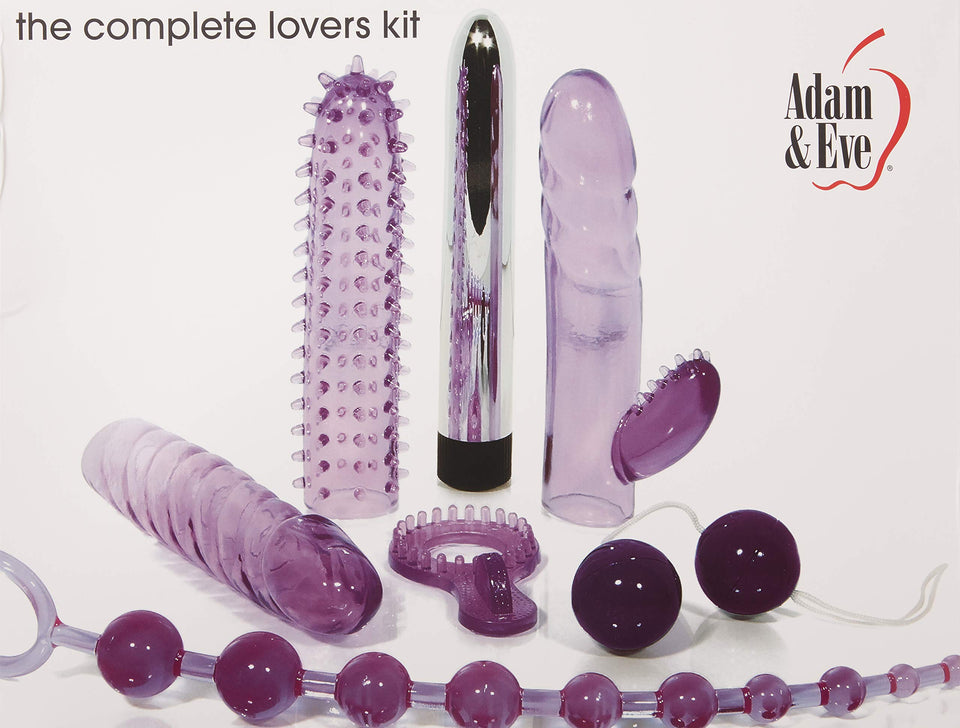Adam & Eve The Complete Lovers Sex Toy Kit, Purple | Includes 7 Multi-Speed Silver Vibrator, Rabbit Style Vibrator Sleeve, Nubby Sleeve, Swirled Sleeve, Stimulating Penis Ring, Ben Wa Balls, And 8