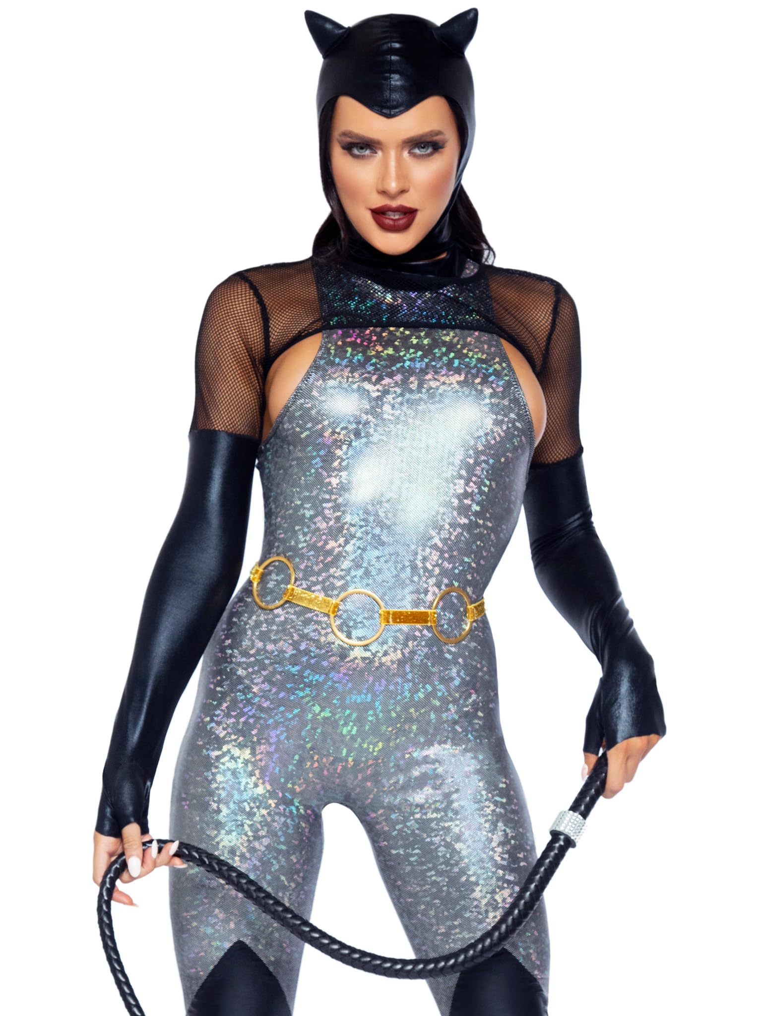 4 Pc Feline Felon, Includes Holographic Catsuit With Boot Detail, Fishnet Gloved Shrug, Cat Ear Skull Cap, And Belt.